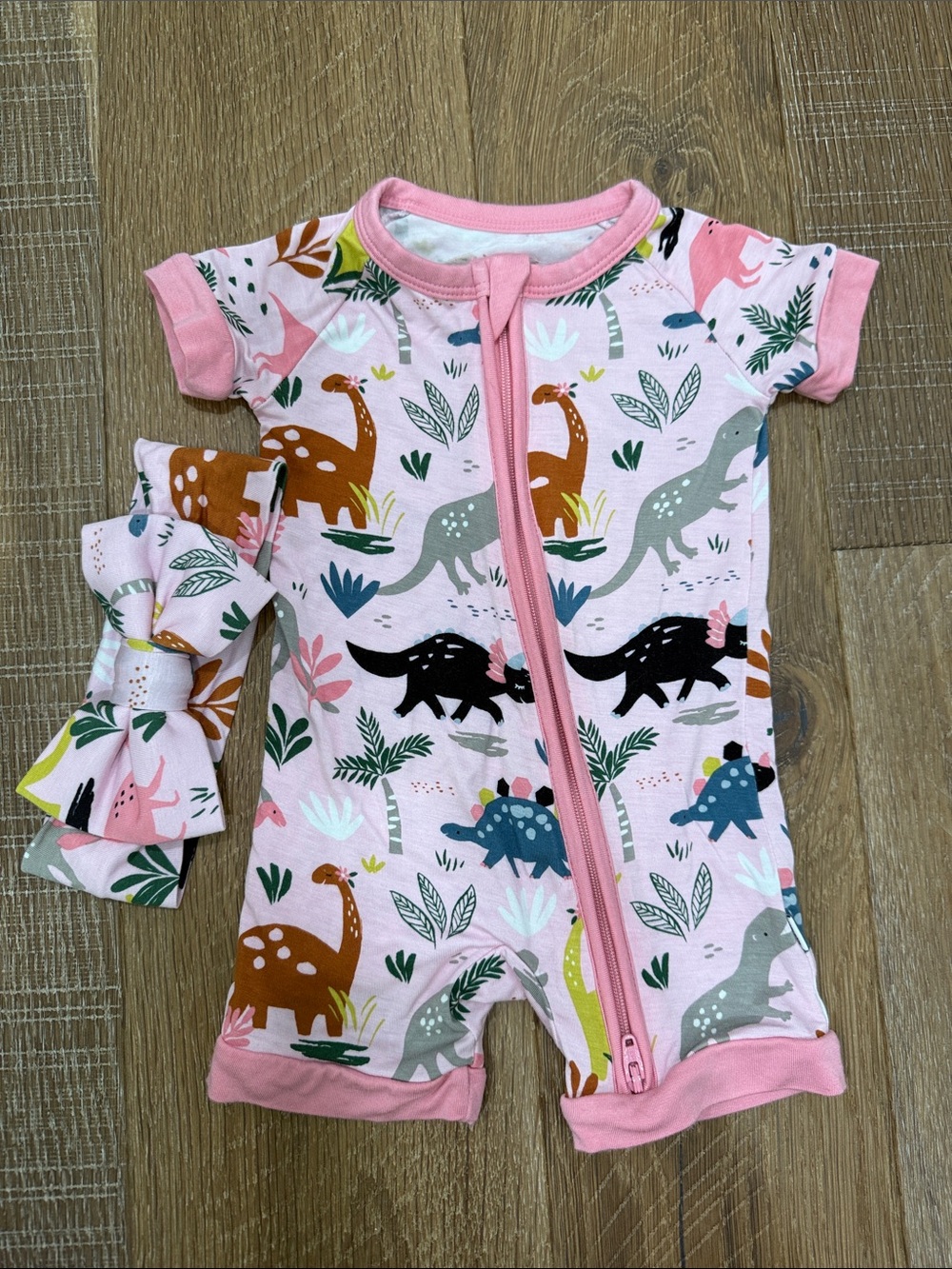 Little Sleepies Pink Dinosaur Short-Sleeve Footie with Headband